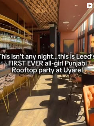 Rooftop bar interior at Uyare venue with string lights and seating, promotional image for Leeds' first all-girl Punjabi rooftop party