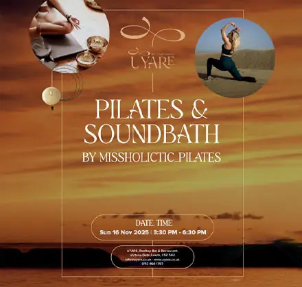 Uyare Pilates and Soundbath event poster by Missholictic Pilates, November 16